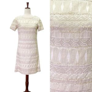 Vintage Cream Brocade Sheath Dress 60s Mod Texture Short Sleeve Shift Size Small